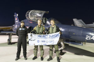PoSSUM members Capt.
Theon ‘TK’ Te Koeti (pilot)
and Dr. Jason Reimuller
(mission specialist) prepare for a noctilucent cloud reserach sortie from
Edmonton, AB in a Royal
Canadian Air Force CT-155 ‘Hawk’ aircraft.